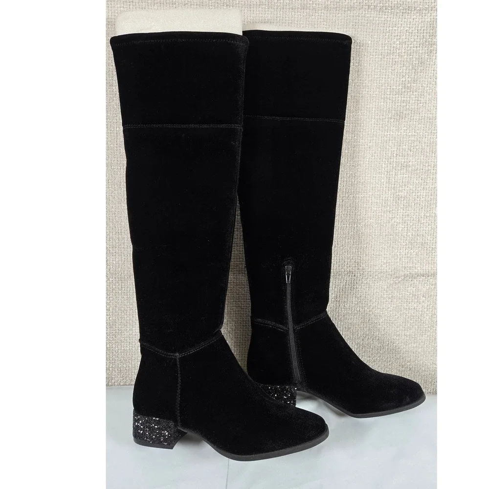 Anne Klein Black Velvet Over The Knee Boots Glitter Block Heel Womens 7.5 kimmie